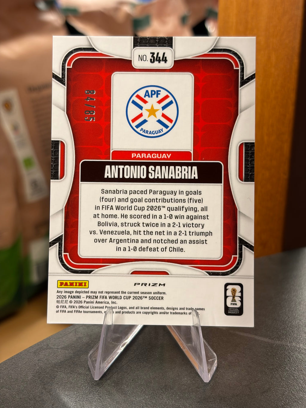 Antonio Sanabria — Panini Prizm FIFA World Cup 2026 (No. 344), paralela Choice Red 84/85
