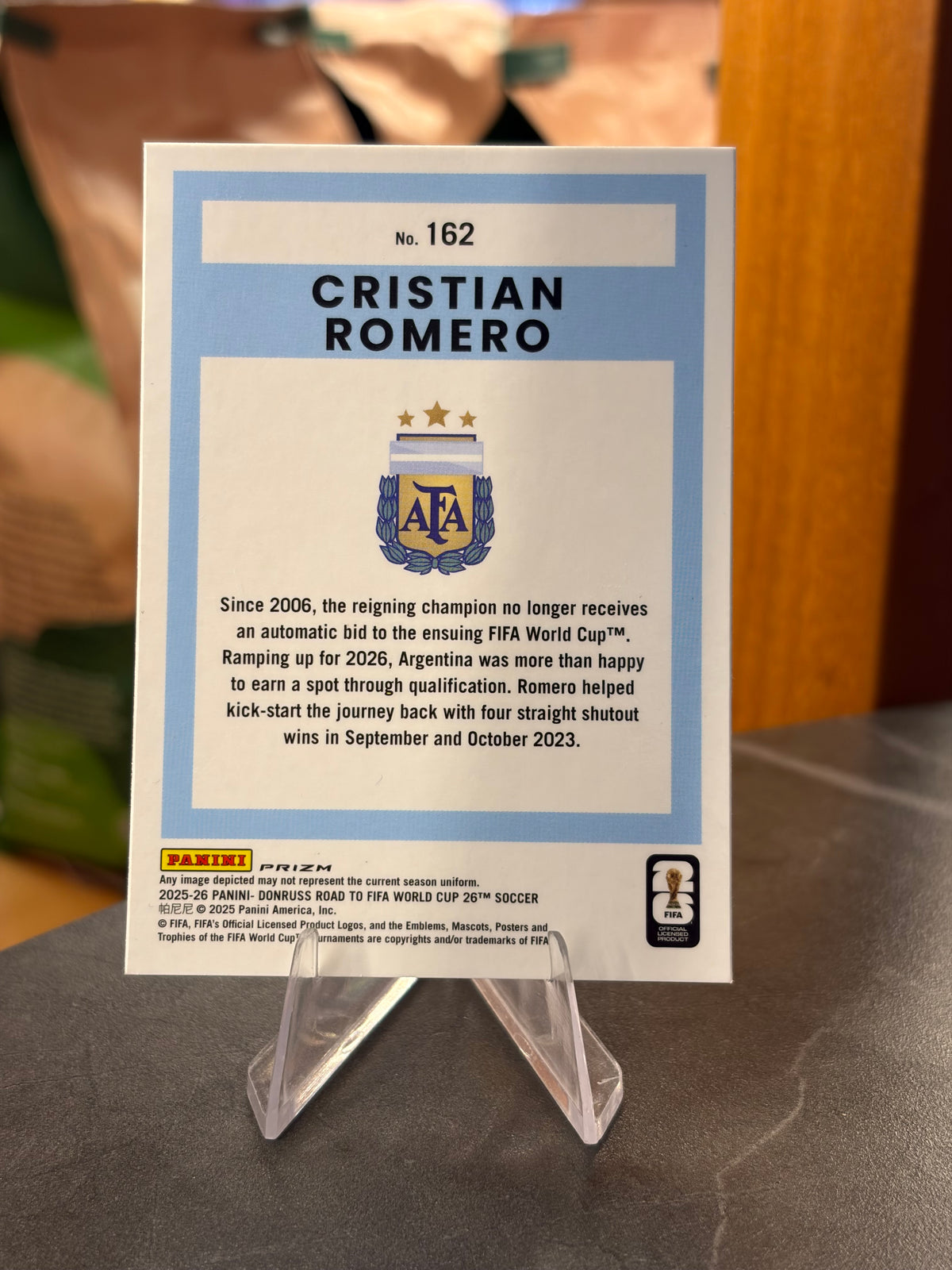 Cristian Romero — Panini Donruss Optic Road to FIFA World Cup 2026 (No. 162), paralela Velocity