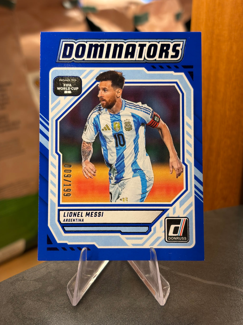 Lionel Messi — Panini Donruss Road to FIFA World Cup 2026 (No. 3), insert Dominators Blue 009/199