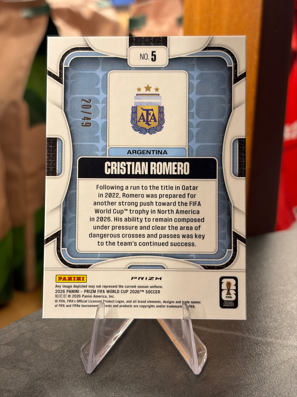 Cristian Romero — Panini Prizm FIFA World Cup 2026 (No. 5), paralela Preferred Blue Pulsar 20/49