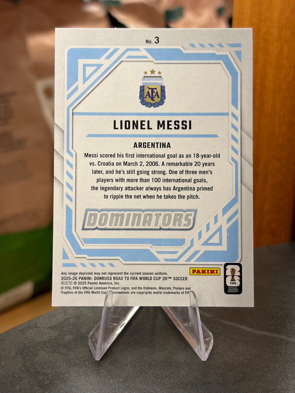 Lionel Messi — Panini Donruss Road to FIFA World Cup 2026 (No. 3), insert Dominators Blue 009/199
