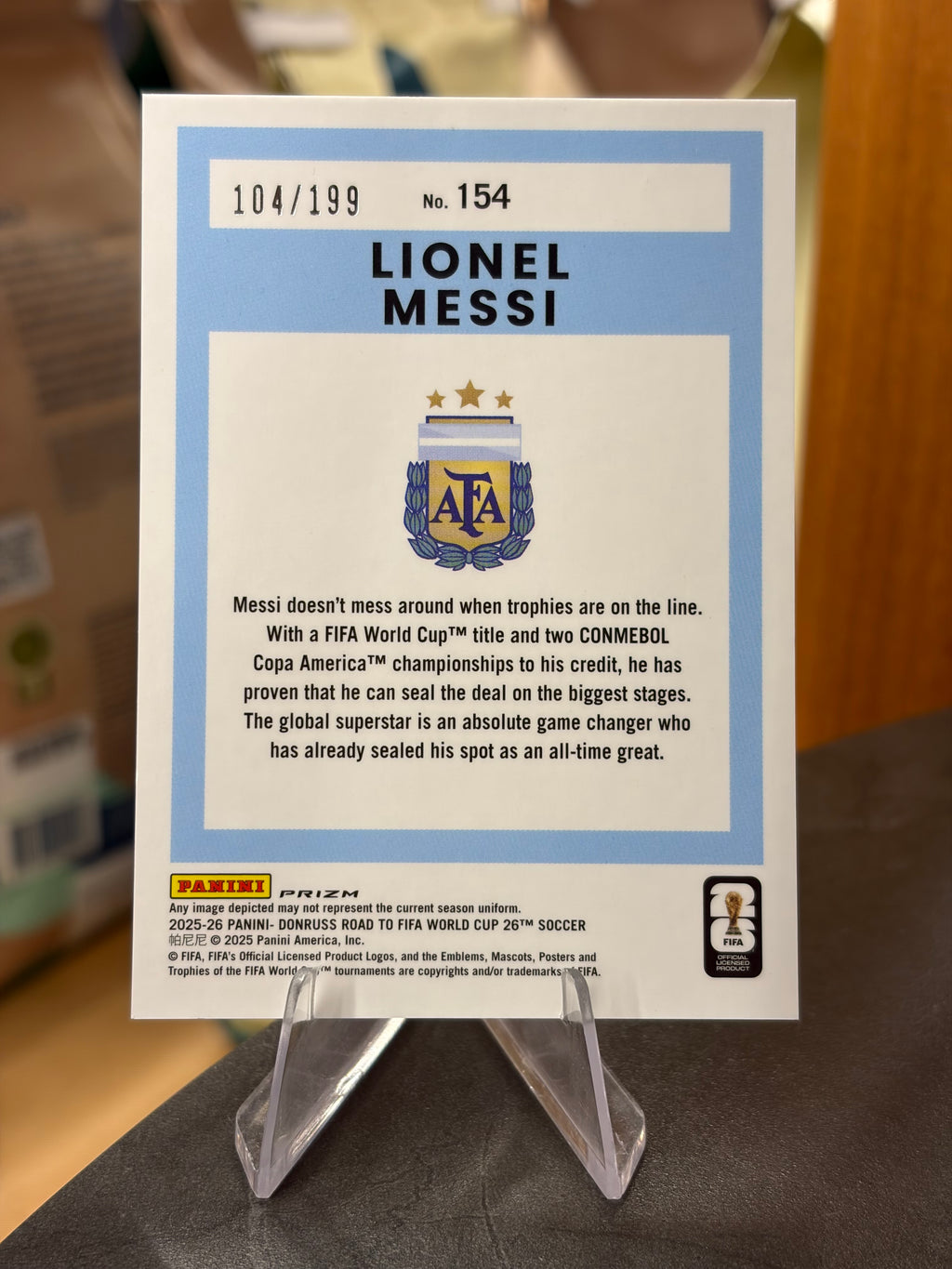 Lionel Messi — Panini Donruss Optic Velocity Road to FIFA World Cup 2026 (No. 154), paralela  104/199