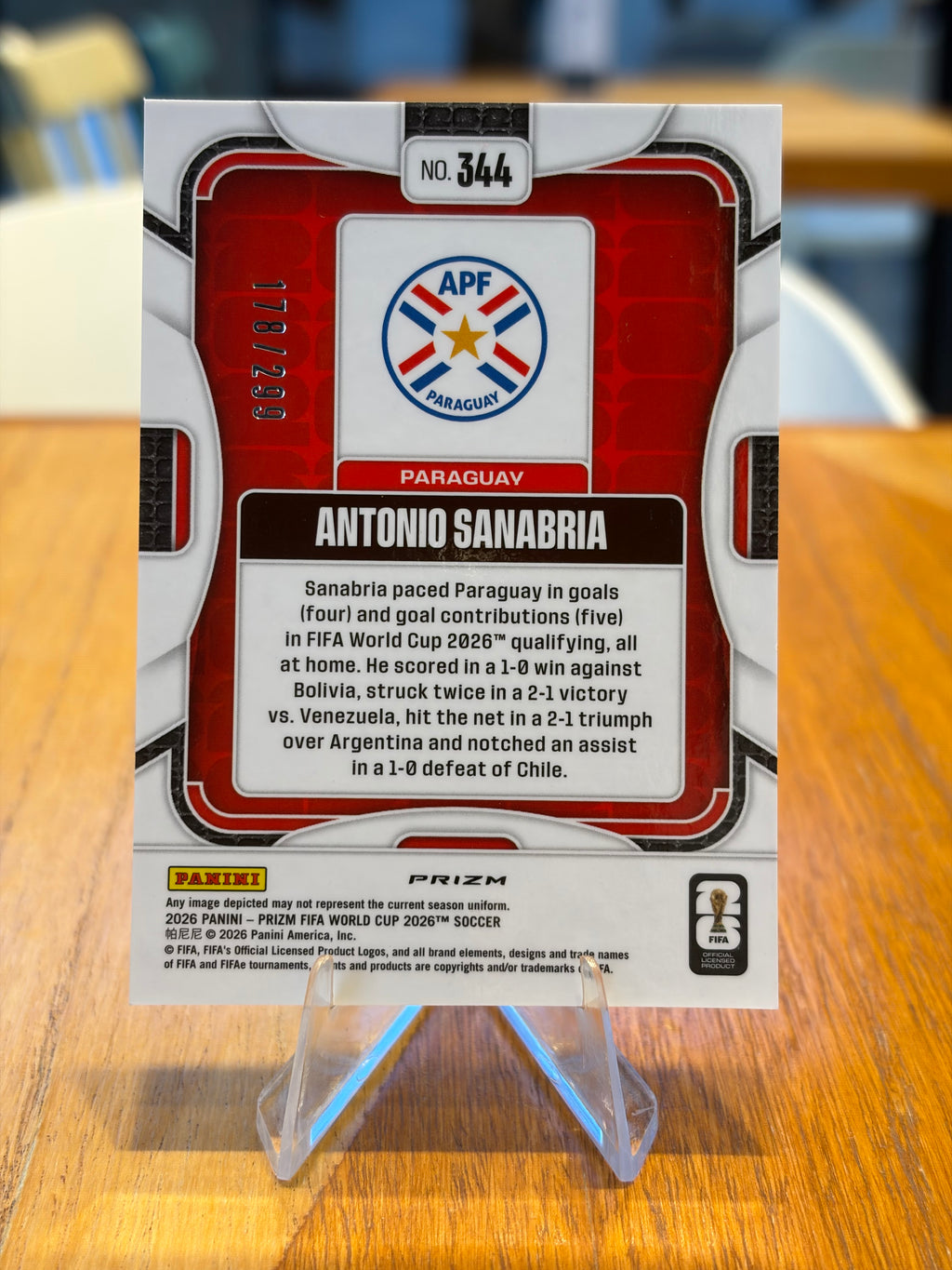 Antonio Sanabria — Panini Prizm FIFA World Cup 2026 (No. 344), paralela Purple Hyper 178/299