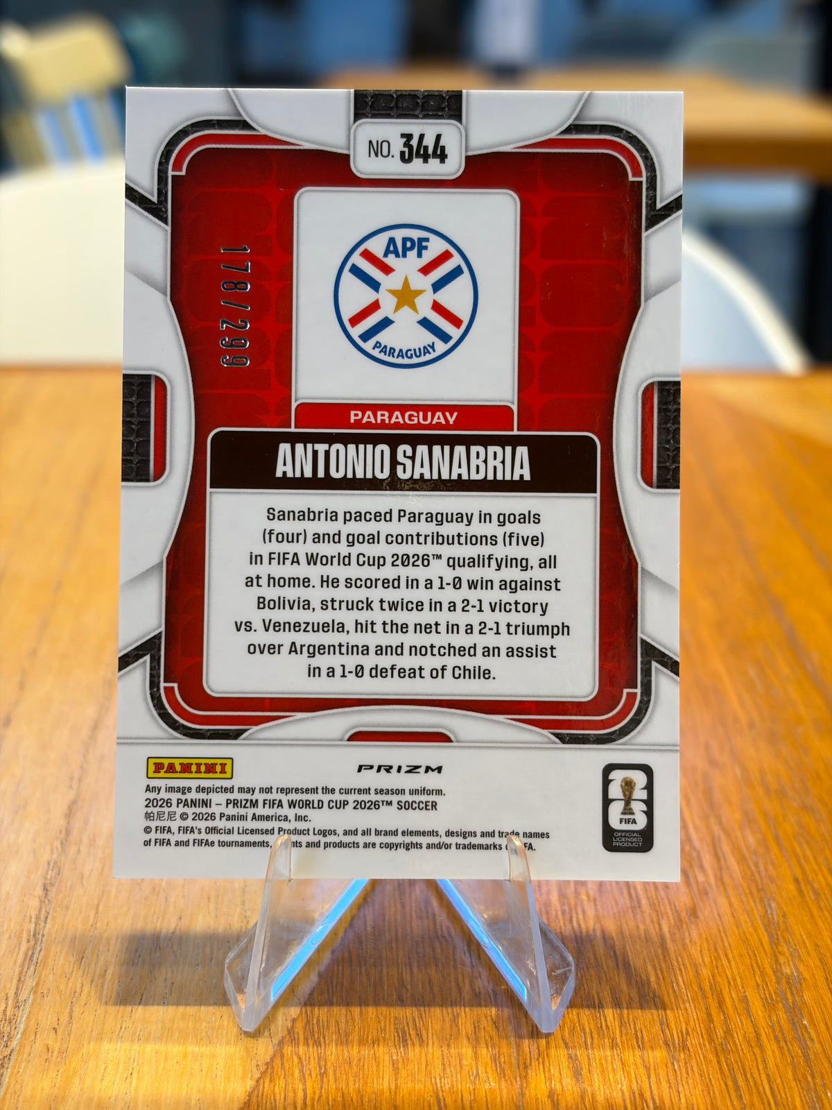 Antonio Sanabria — Panini Prizm FIFA World Cup 2026 (No. 344), paralela Purple Hyper 178/299